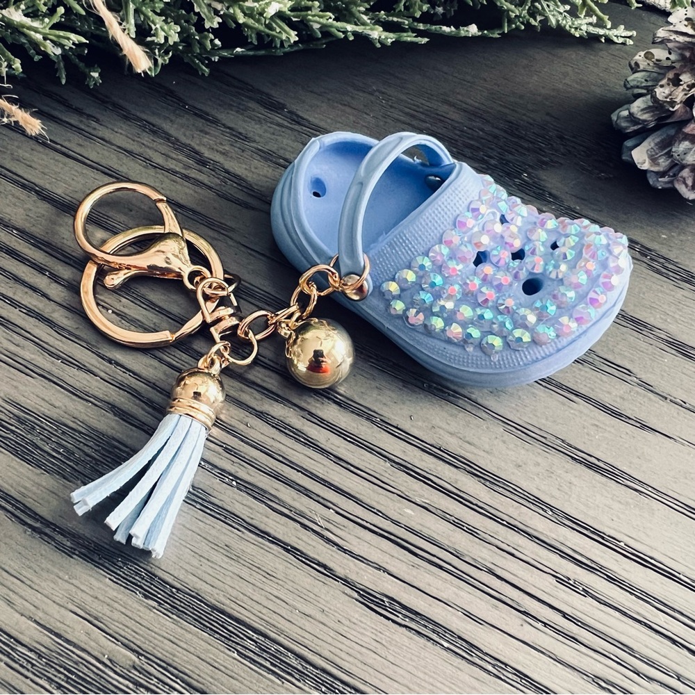 🩵 New! Rhinestone Bling Baby Blue Croc Inspired Keychain w Tassel